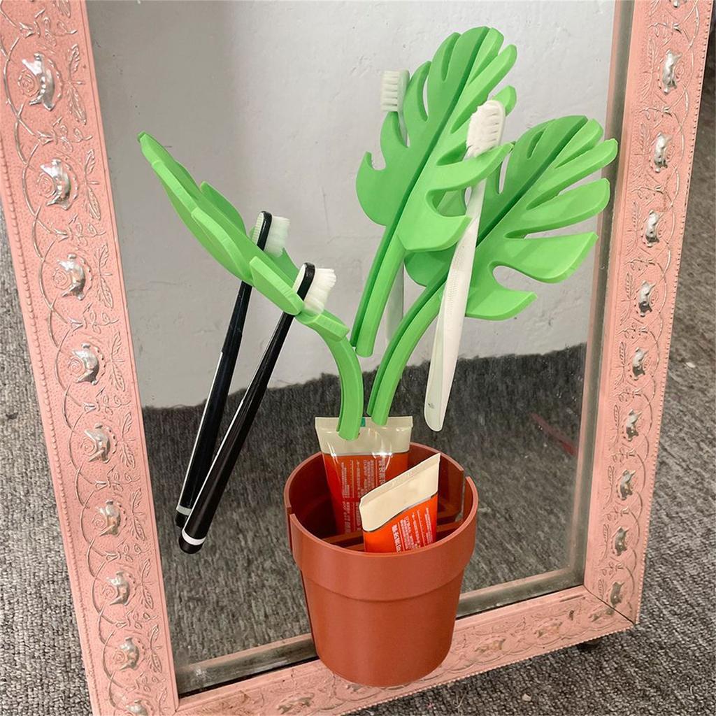 Bathroom Organizer with Monstera Design Self Adhesive Toothbrush Holder and Mirror Mounted for Accessories