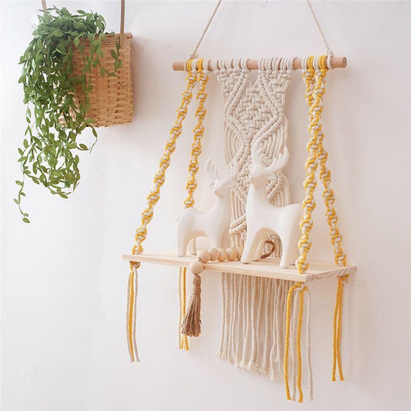 Good-Single Tier Macrame Boho Wall Hanging Shelf,Handmade Boho Wooden Woven Plants Floating Shelves Decor,Mini Chic Organizer
