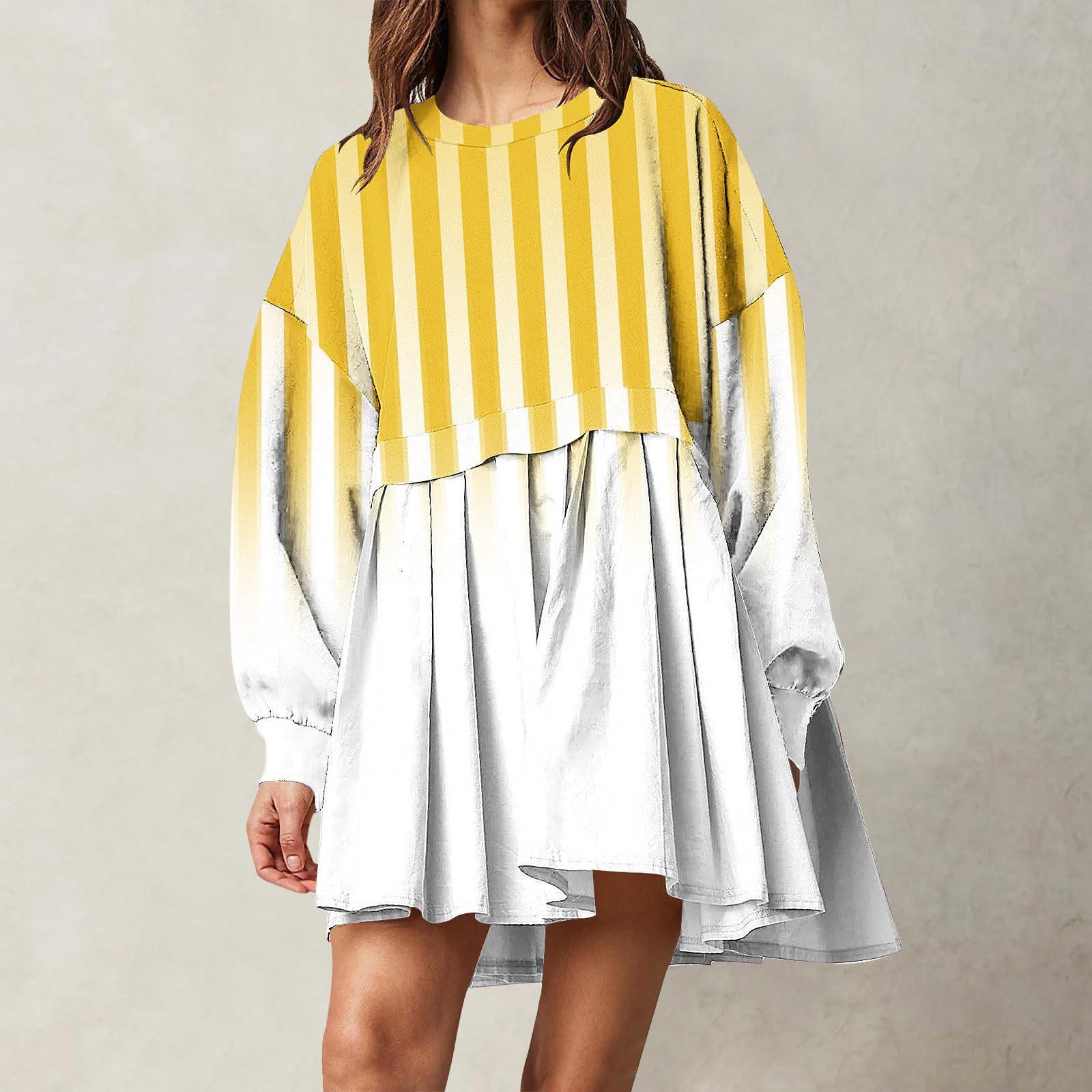 

Женская мода повседневная круглая горловина длинный рукав пэчворк пуловер свитшот принтованные платья XS жёлтый