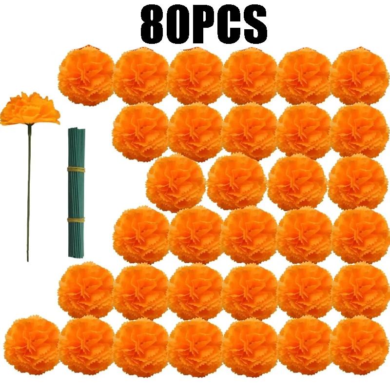 Silk Marigold Flowers 10-80PCS Artificial Orange Flowers for Day of The Dead Decor Diwali Festival Dia De Los Muertos