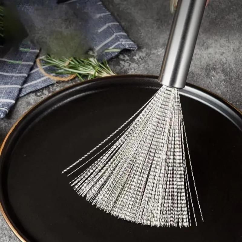 Long Handle Stainless Steel Pan Brush, Strong Decontamination Kitchen Cleaning Tool for Bowl, Plate, Sink & Stove Top