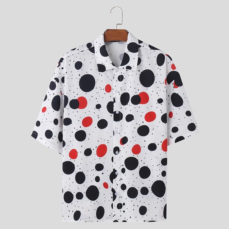 

INCERUN Мужская летняя рубашка с воротником-лацканом в горошек, повседневная, с принтом на пуговицах и коротким рукавом XL чёрный