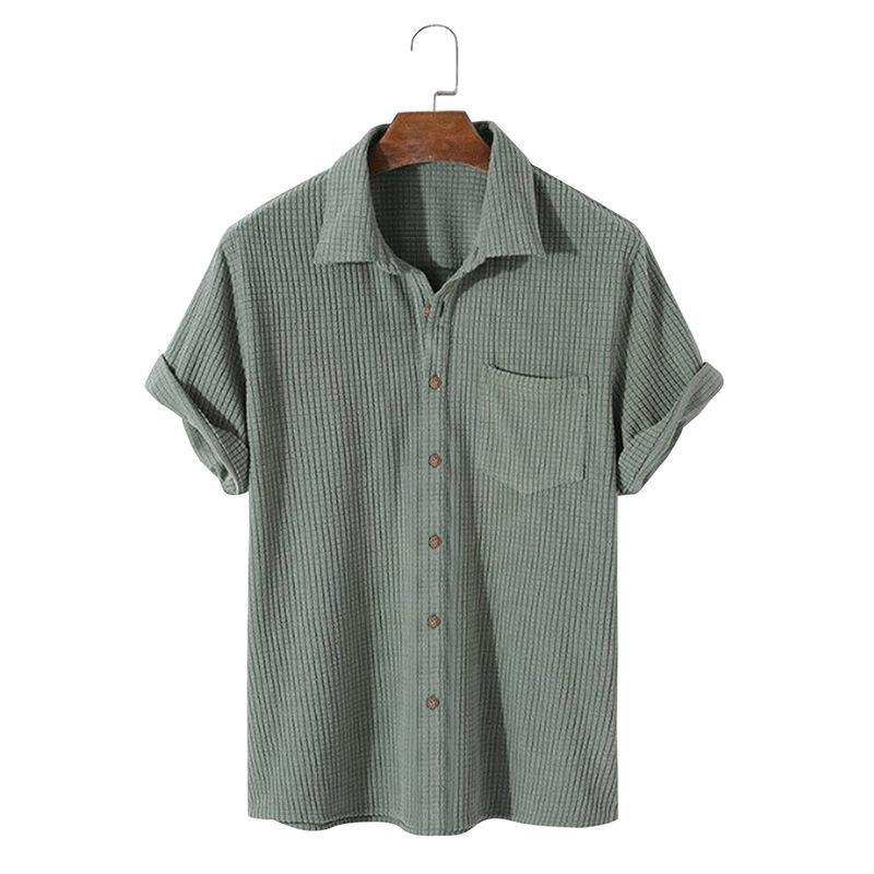 Men's 2025 Summer Waffle Solid Color Single-Breasted Turn-Down Collar Shirt