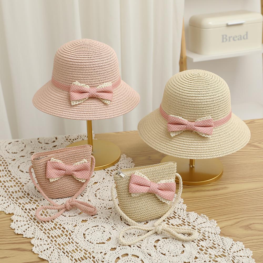 New Fashion Beach Hat Cute Outdoor Parent-child Hats 2-piece Womens Beach Set Sun Hat and Woven Bag Lightweight and Breathable