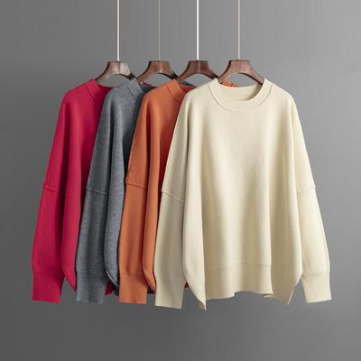 Autumn and Winter Women's Fashion Crew Neck Knitted Sweater Solid Color Loose Pullover Sweater