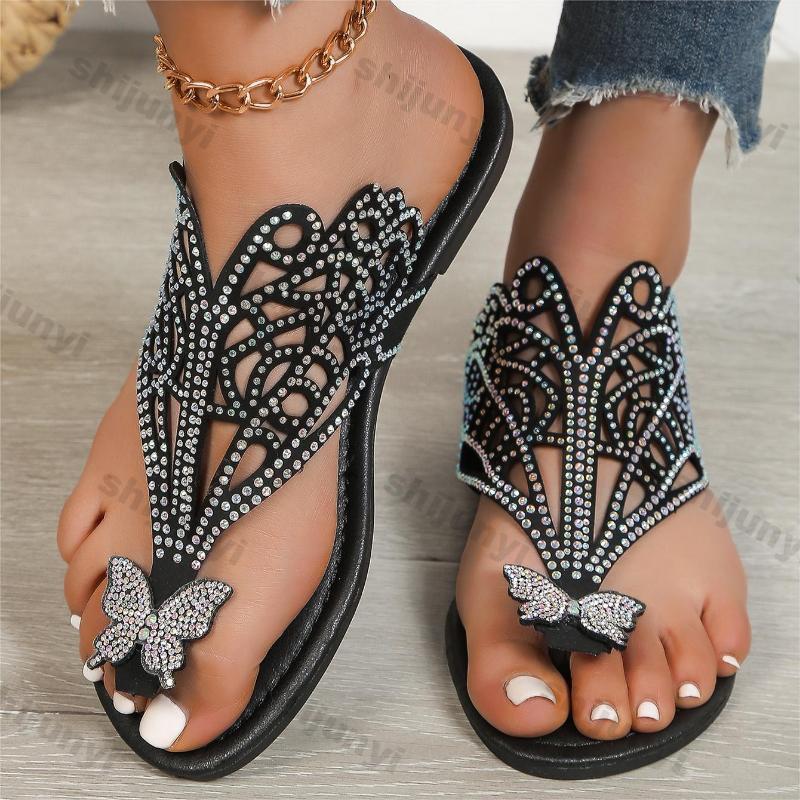 Fashion Women's Luxury Butterfly Rhinestone Slippers Summer New Fashion Casual Hollowed Flip Flops Female Soft Flat Shoes Beach Slides