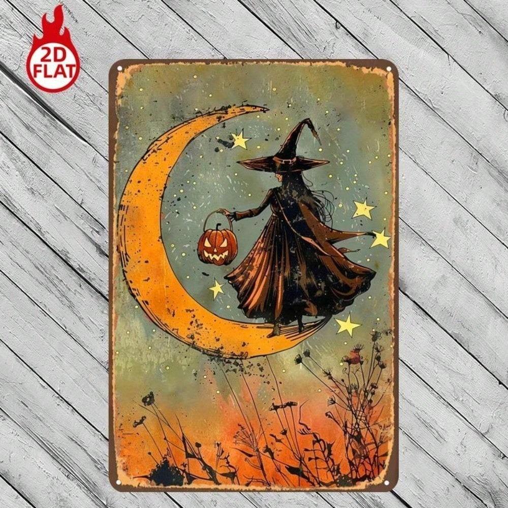 1pc Witch On Crescent Moon Pumpkin Lantern Metal Sign 8x12 Inch 2D Flat Wall Decor For Home Bar G