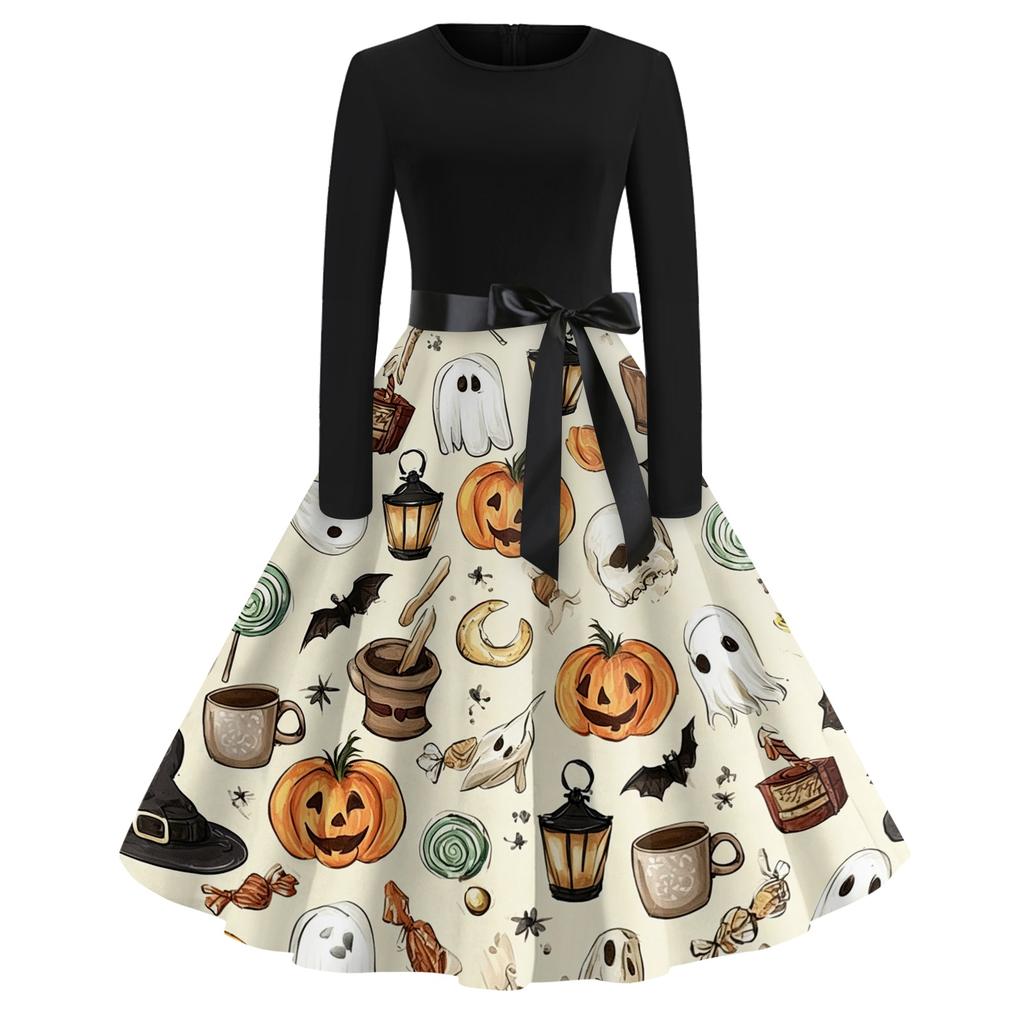Women's Casual Retro Halloween Dress Long Sleeve Round Neck Vintage Fit and Flare Dress with Bat Print and Waist Tie Belt for Everyday Wear