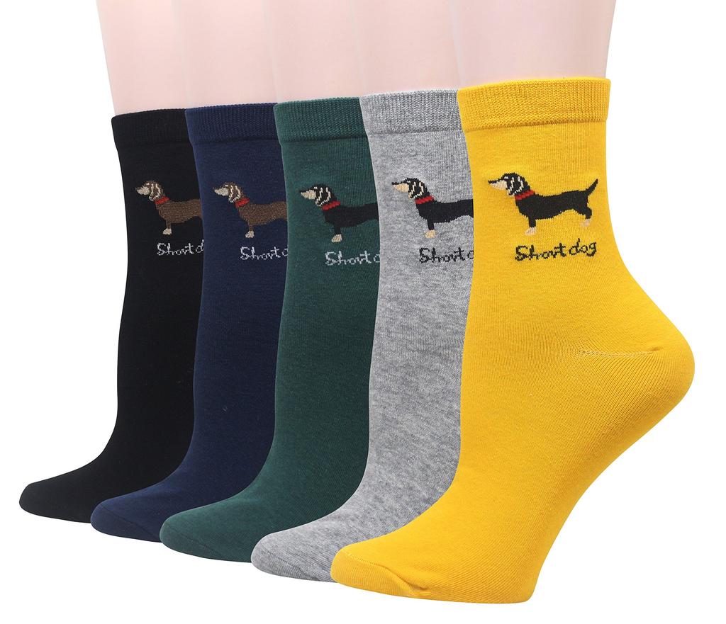 Cansok Cute Dog Print Colorful Fashion Sock Set for Casual Socks Women's Socks, Girls, 5-Pair Set, Women's (Dachshund)