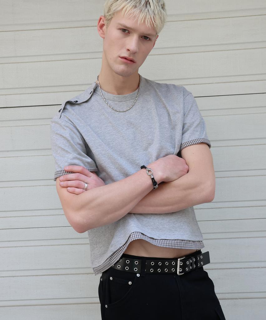 DOFFJASON Shoulder Button Check Layered T-Shirt Melange Grey