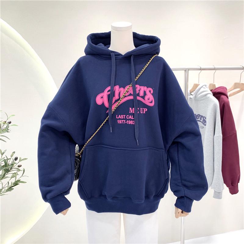 Women's Fleece-Lined Hoodie: Ulzzang Loose-Fit, Korean Style, Autumn/Winter 2025 Trend.