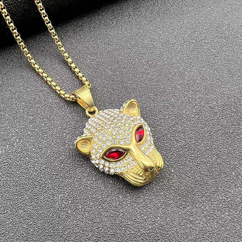 Trendy Unisex Hip Hop Leopard Pendant Necklace with Green and Red Diamond Eyes