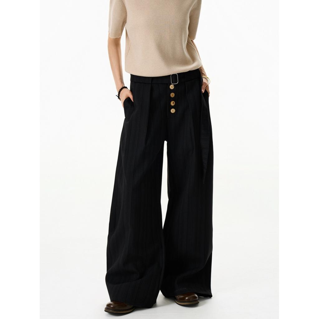 Summer new dark striped blended pendant straight wide-leg trousers kendo belt old money commuter casual trousers