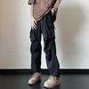 Men Cargo Pants Mid-rise Drawstring Multi Pockets Design Leisure Trousers Solid Color Wide Leg Outdoor Camping Pants Plus Size