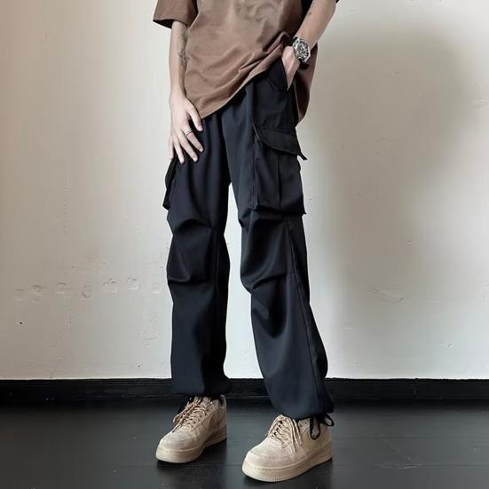 Men Cargo Pants Mid-rise Drawstring Multi Pockets Design Leisure Trousers Solid Color Wide Leg Outdoor Camping Pants Plus Size