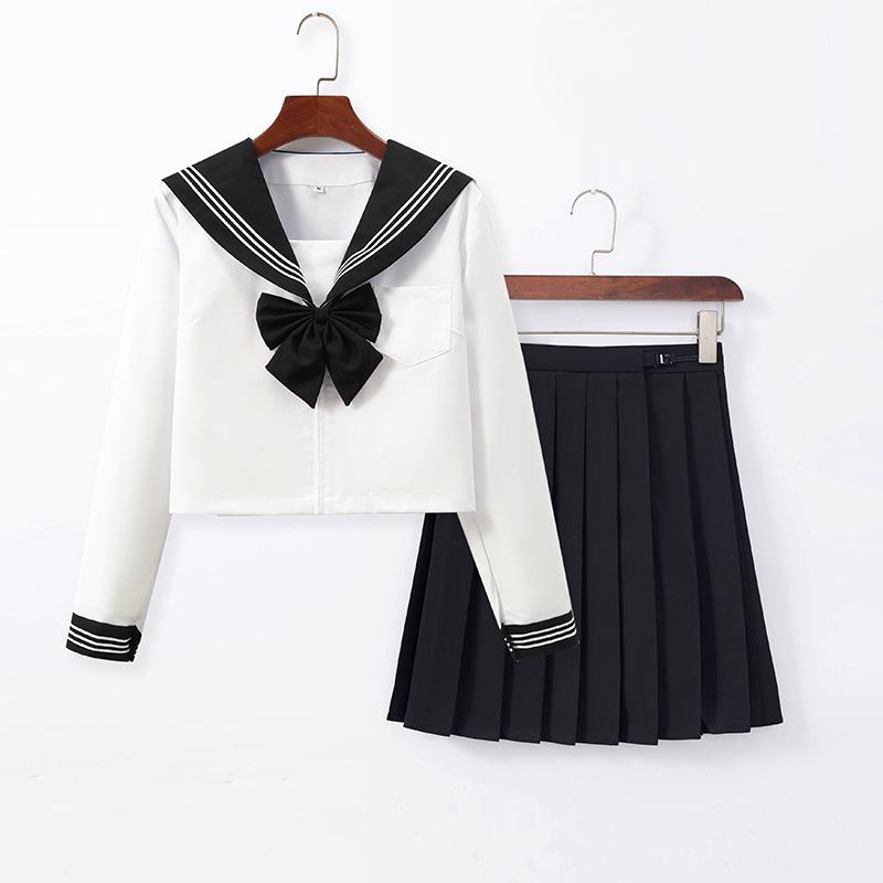 After-Sales Black Collar White JK Sailor Suit Set with Pleated Skirt