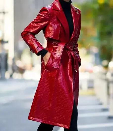 Lambskin Handmade Long Party Stylish Women Red Trench Coat  Leather Genuine