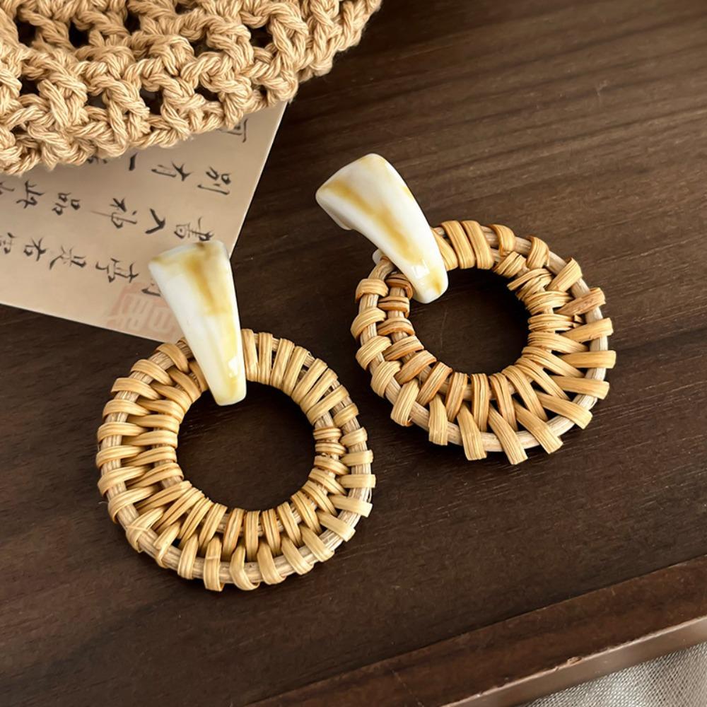 Round Rattan Weave Earrings Flower Beach Jewelry Cute Bohemian Drop Earrings  Wedding