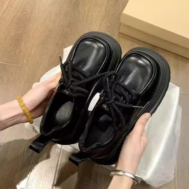 Black thick-soled lace-up small leather shoes for women's 2025 spring and autumn new British style versatile height-increasing round head muffin sin