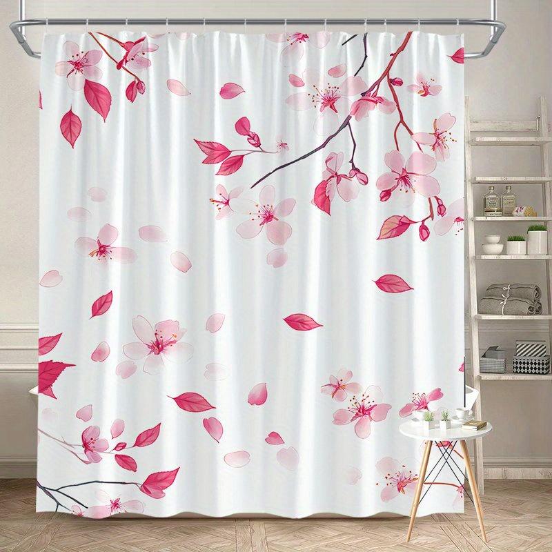 1pc Oversized Cherry Blossom Shower Curtain - Pale Pink Flowers On White Background, Machine Washable Polyester Fabric