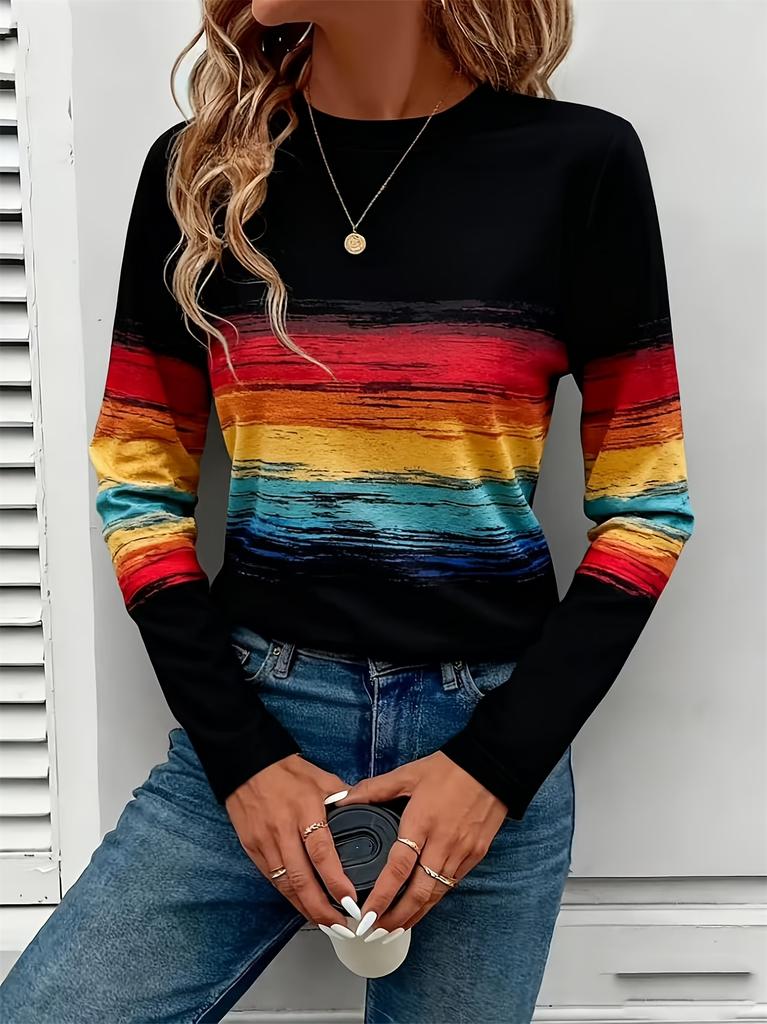 Women's new fashion casual round neck striped printed long-sleeved T-shirt