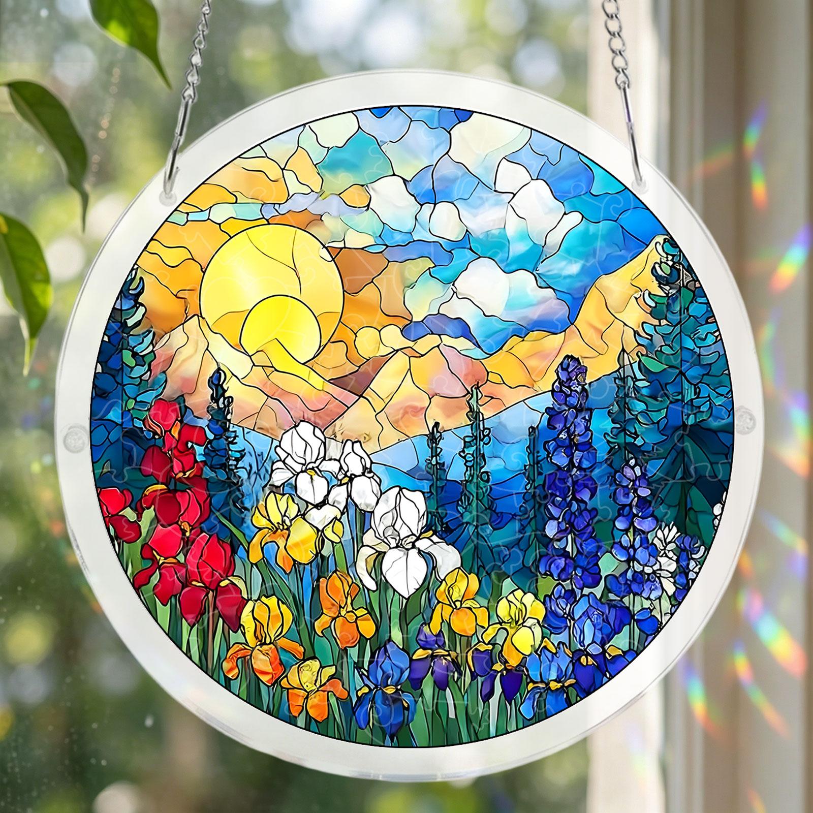 

Acrylic Flat Puzzle Sun Catcher Window Hanging Decoration with Stained Glass Style Landscape Design for Indoor Outdoor Use One Size синий