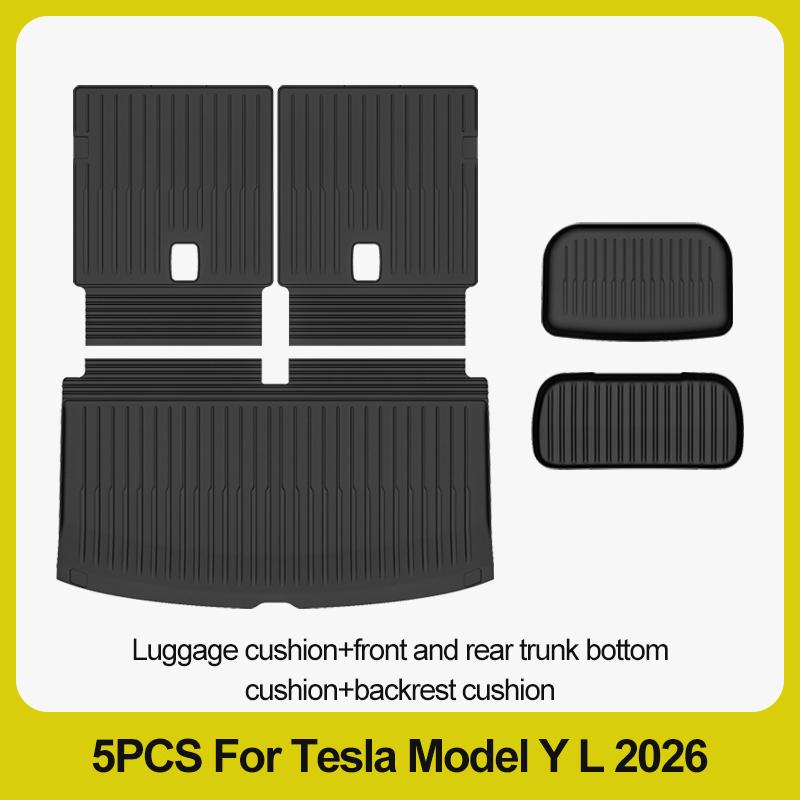 Tapis de sol 6 places pour Tesla Model Y L 2026+, tapis de coffre TPE 3 rangées, housse de siège arrière, doublure de coffre avant, plateau de