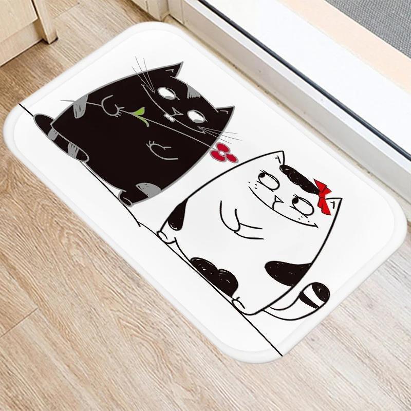 Cute Cartoon Cat Faces Carpet Black White Kawaii Minimalist Home Decoration Rug Kitchen Balcony Living Room Non-slip Floor Mat