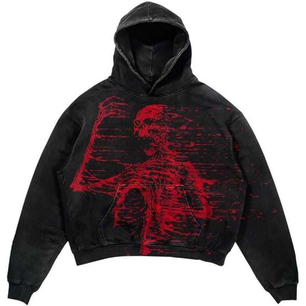 ZYLLO Punk Style Skull Washed Long Sleeve Pullover Hoodie Hip Hop Retro Street Loose Oversized Sweatshirt Harajuku Gothic Top