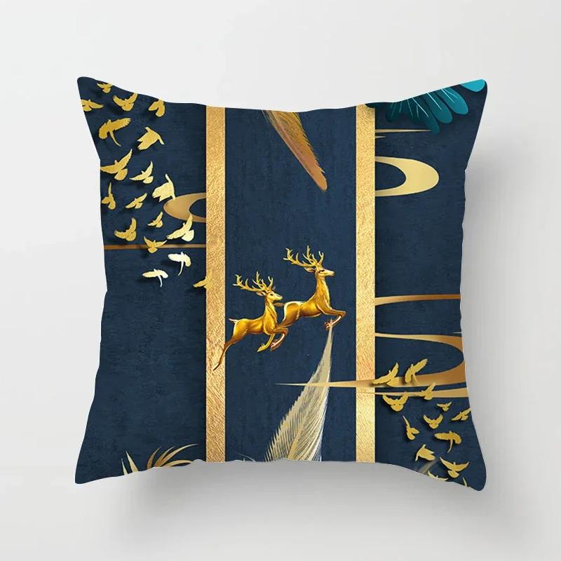 Black Gold Drawing Leaf Elk Tree Bird Butterfly Printed Square Pillowslip Polyester Cushion Cover Pillowcase Living Room Home