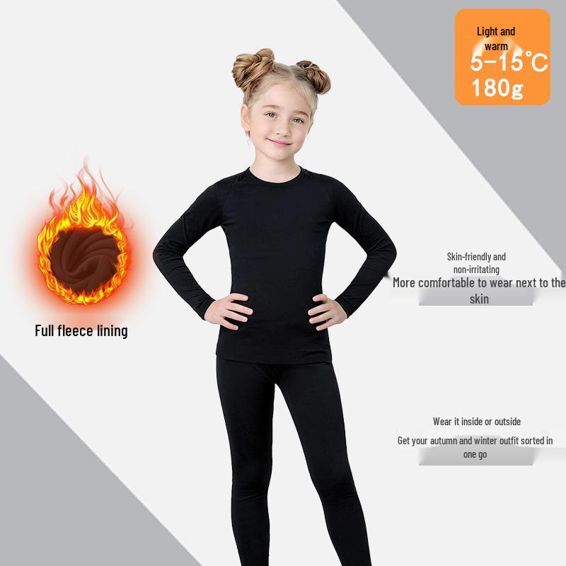 Girls' Velvet-Lined Warm Underwear Set - Seamless Long Sleeve and Pants for Autumn/Winter