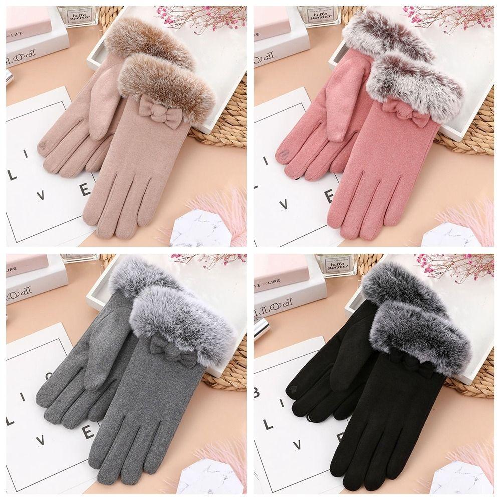 Keep Warm Winter Velvet Gloves  Women Mittens Soft Bow Plush Gloves  Ladies