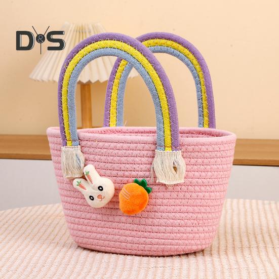 Gewebter Osterkorb mit Griff, gewebter Korb aus Baumwolle für die Eiersuche mit Hase und Karotte, leere Oster-Leckerli-Tasche für Geschenke und Süßigkeiten