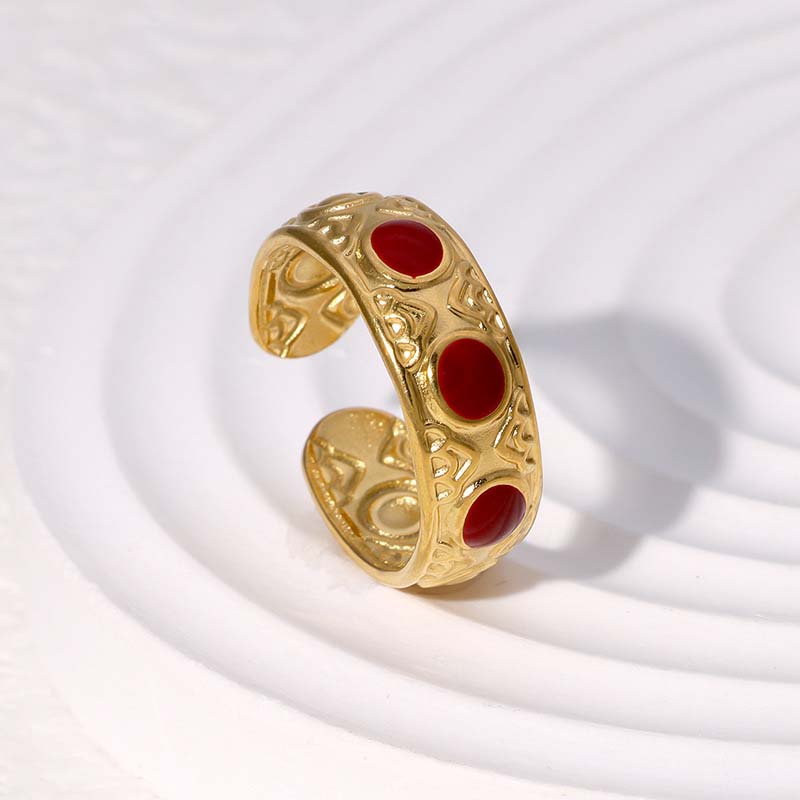 Vintage Red Drip Oil Geometric Rings for Women Stainless Steel Gold Color Heart Opening Adjustable Finger Rings Jewelry New