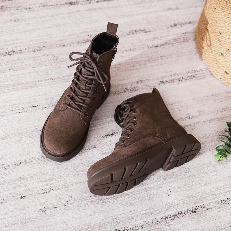 New Leather British Frosted Leather Women's Medium Heel Flat Short Women's Hole Martin Women's