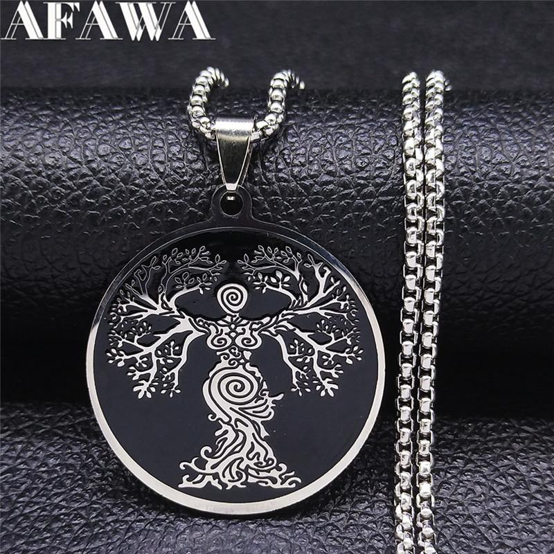 Göttin Baum des Lebens Edelstahl Kette Halskette für Damen Schwarz Silber Farbe Halsketten Schmuck arbre de vie Edelstahl