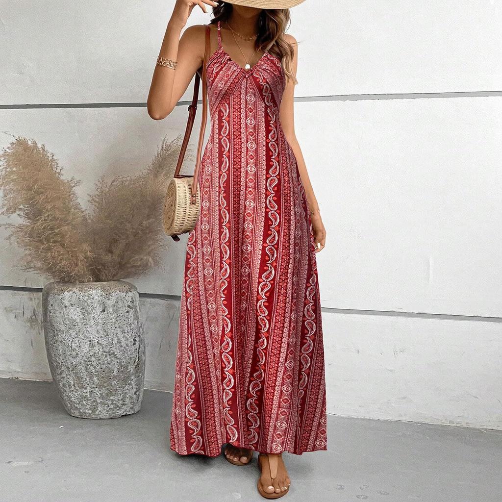 Women's Summer Fashion Sexy V-neck Strap Sleeveless Retro Flower Printed Beach Split Dress