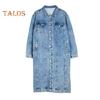 Women Retro Jacket Slim Fit Washed Denim Mid Length Turn-down Collar Button-down Long Sleeve Coat Solid Color with Chest Pockets Outerwear