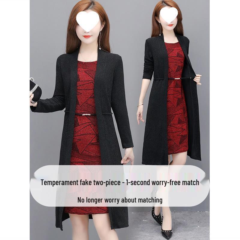 Elegantes Schlankmachendes Zweiteiliger Look Kleid für Damen - Langärmliges Frühling/Herbst Bauchbedeckendes Mode für Mittleren Alters und Ältere, 2025