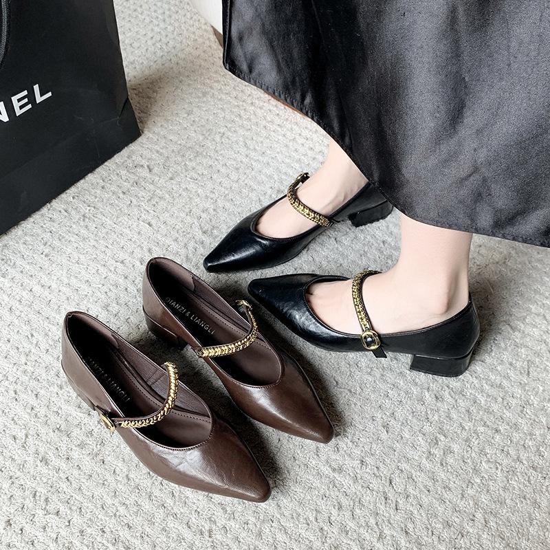 Spring and Autumn New French Retro Thick Heel Chain Mary Jane Women's Single Shoes Pointed Shallow Mouth One-word Buckle Granny Shoes