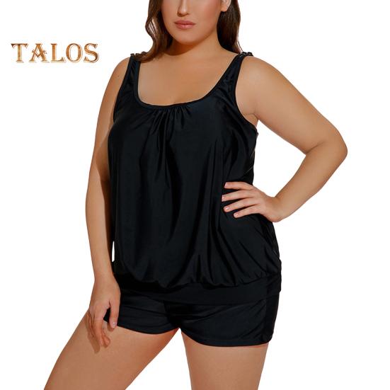 2Pcs/Set Women Tankini Set U-neck Sleeveless Tops High Waist Swimming Trunks Set Split Design Beach Vacation Wear