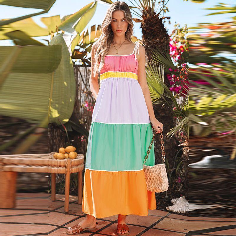 

American Shiying Seaside Vacation Style Sling Dress Women 2025 Fashion Color Contrast Patchwork High Waist Long Dress Women Color XL code fits (70.00 kg-75.00 kg