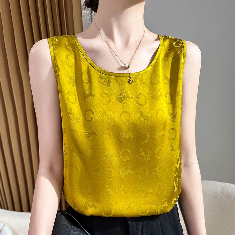 Acetate Satin Round Neck Printed Vest for Women In Summer Simple Smooth and Versatile Sleeveless Suspender Soft and Comfortable Top