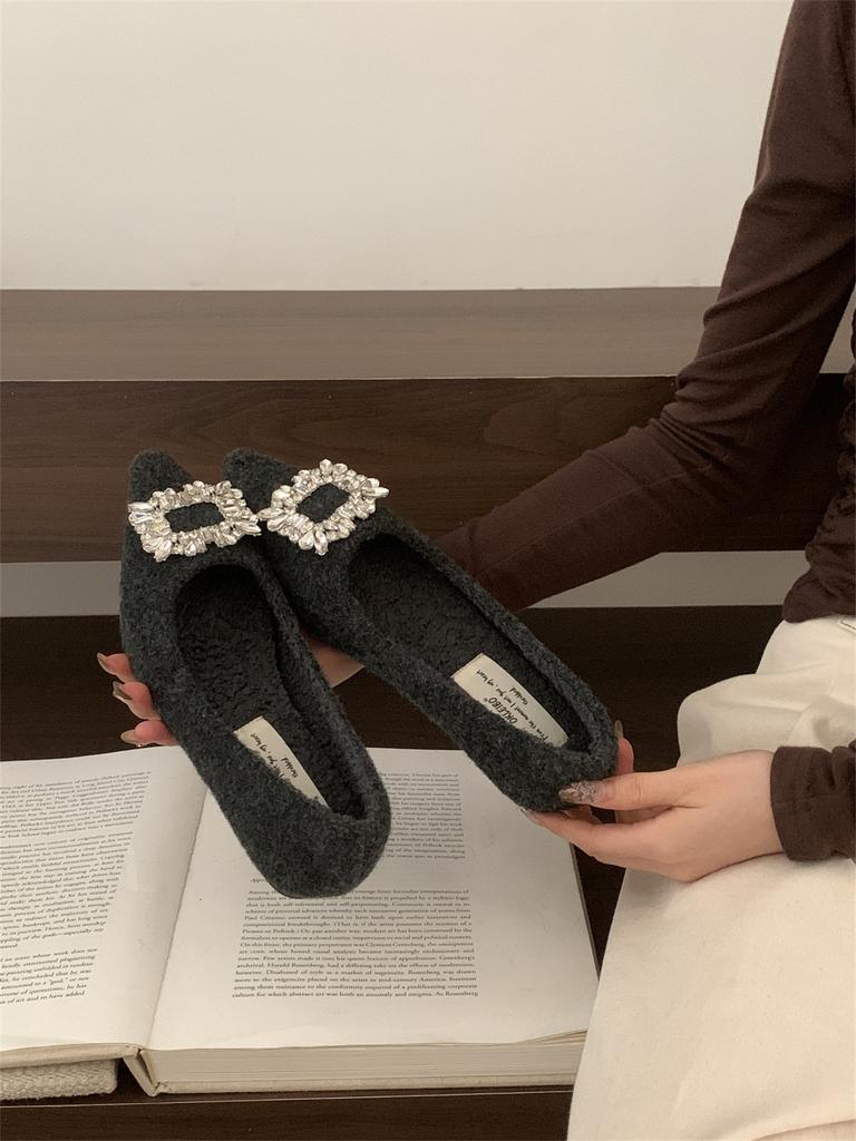 2025 autumn and winter new rhinestone square buckle flat-soled single shoes celebrity temperament fashionable shallow mouth velvet warm cotton shoe