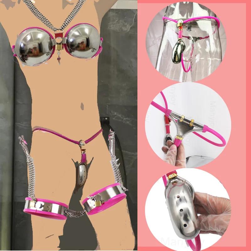 Male Chastity Belt Stainless Steel Chastity Cage with Removable Anal Bead Plug Thigh Ring Metal Bra Slave Penis Restraint Device