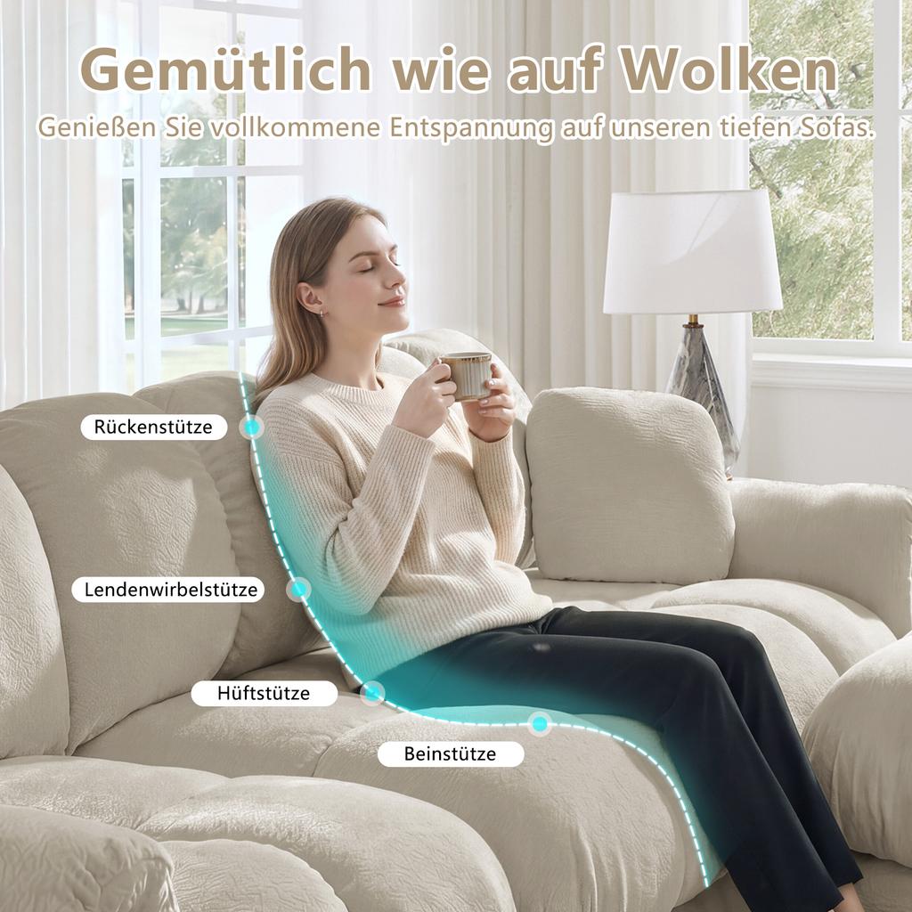 2-Seater Chenille Sofa, L-Shaped Modular Corner, Quilted Design, Thick Seat Cushions, with Mobile Ottoman, Easy To Assemble, Light Khaki