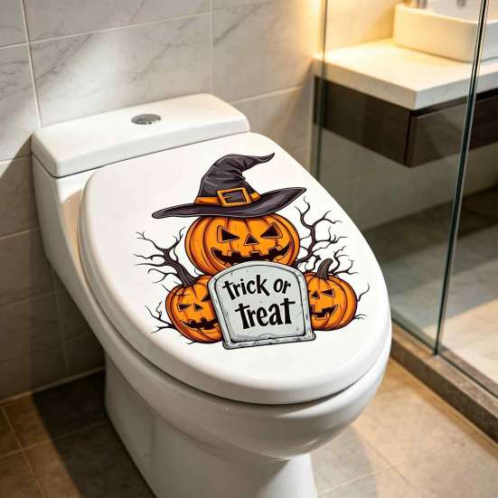 Halloween Theme Home Accents Pumpkin Toilet Cover Sticker, Spooky Trick or Treat Retro Bathroom Stickers Lid Decals, Self Adhesive Wall Decoration for