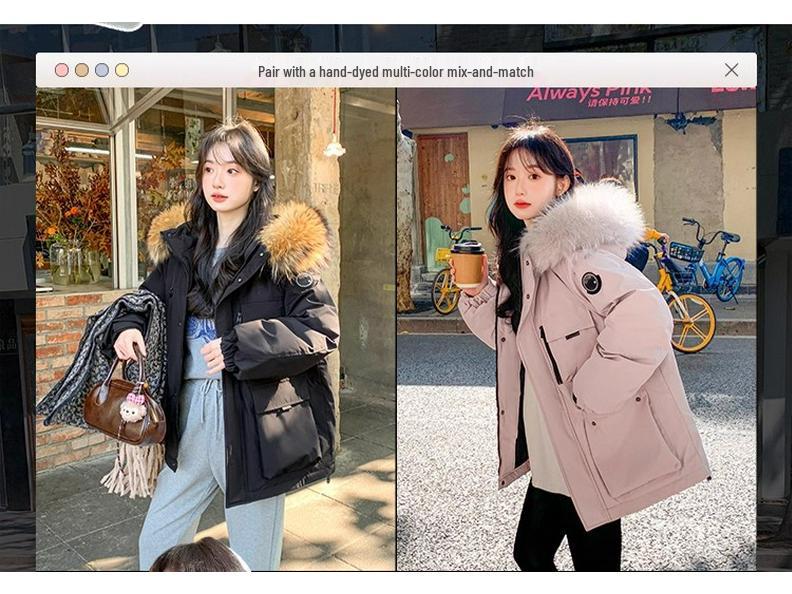 Women's 2025 Outdoor Workwear Short Down Jacket with Big Fur Collar - Loose Korean Style 90% White Duck Down Parka Coat