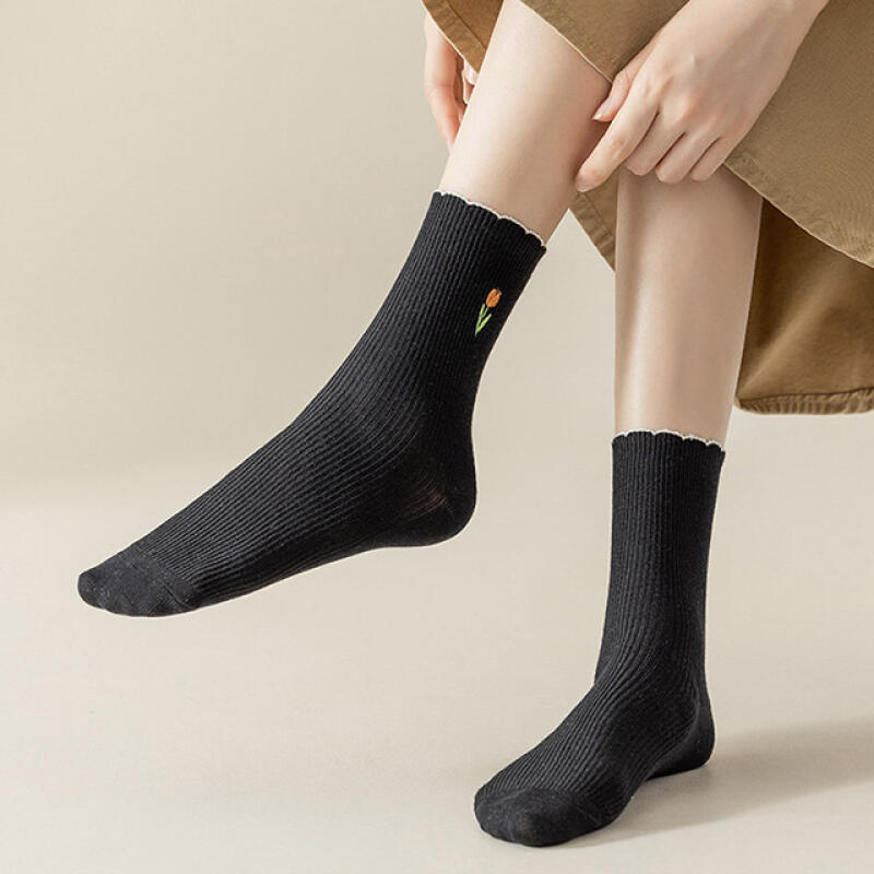 fsn171_Tulip embroidered ribbed women's socks
