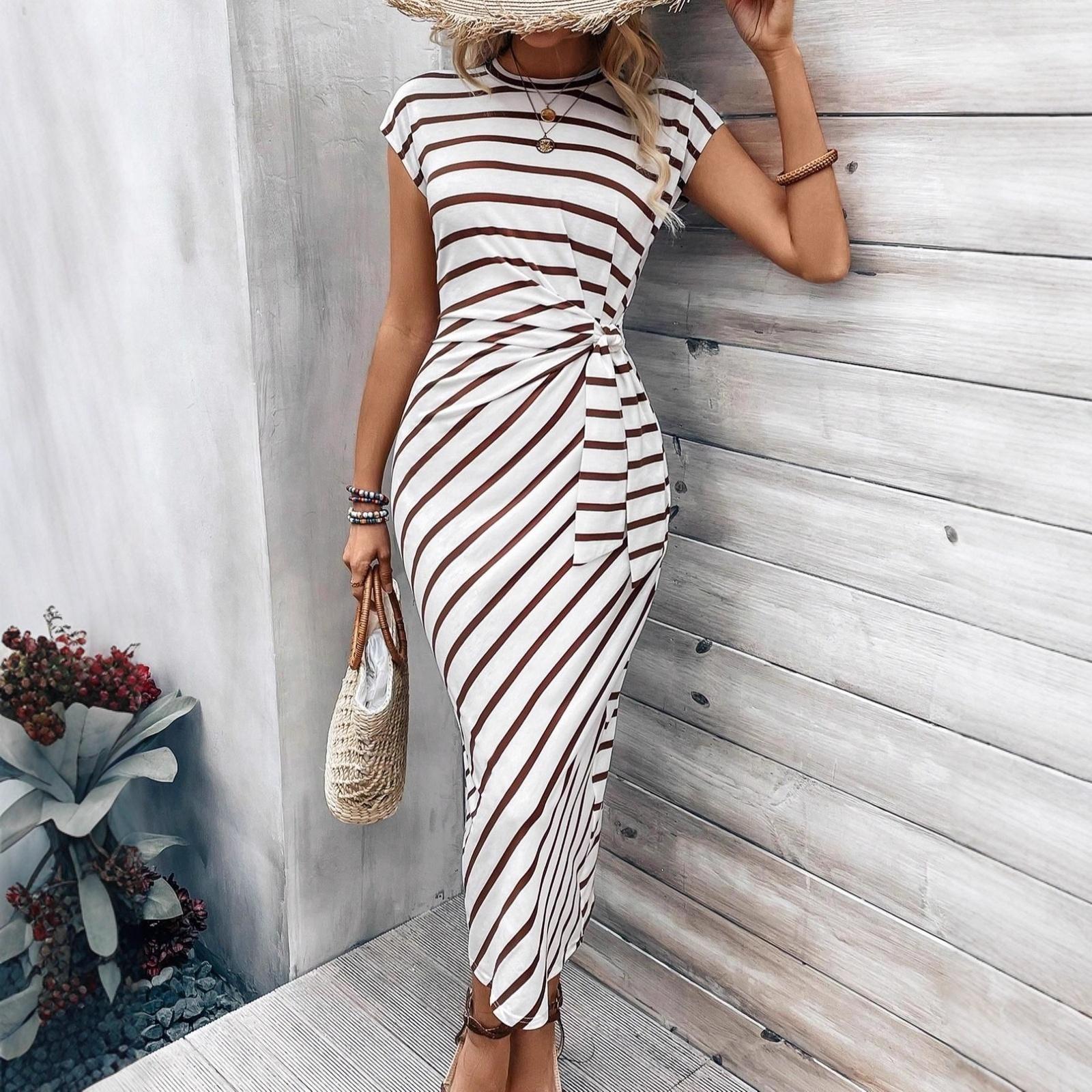 

Women Striped Waist Tie Short Sleeve Round Neck Long Dress Casual Summer Maxi Dress with Adjustable Waistband S коричневий
